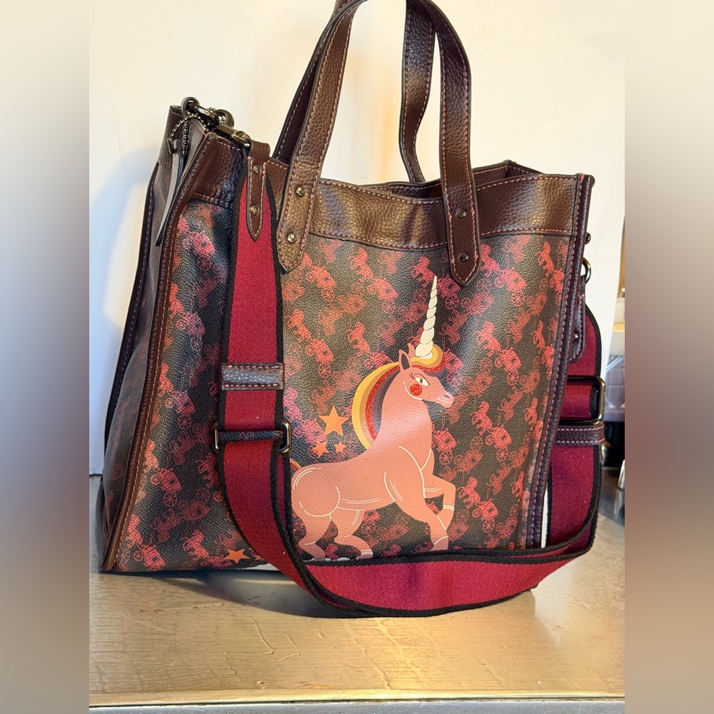 Coach Women's Brown & maroon Unicorn Tote Bag